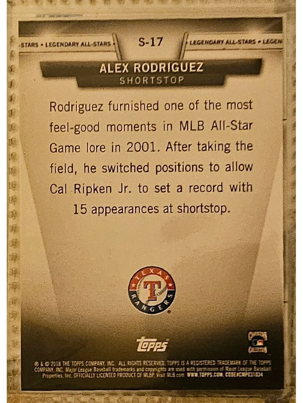 2018 Topps Alex Rodriguez Salute Legendary All-Stars S-17 insert - Texas Rangers